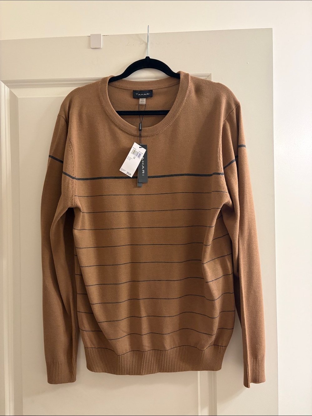 Tahari Men’s Tan Brown Crewneck Sweater with Thin Blue Stripes